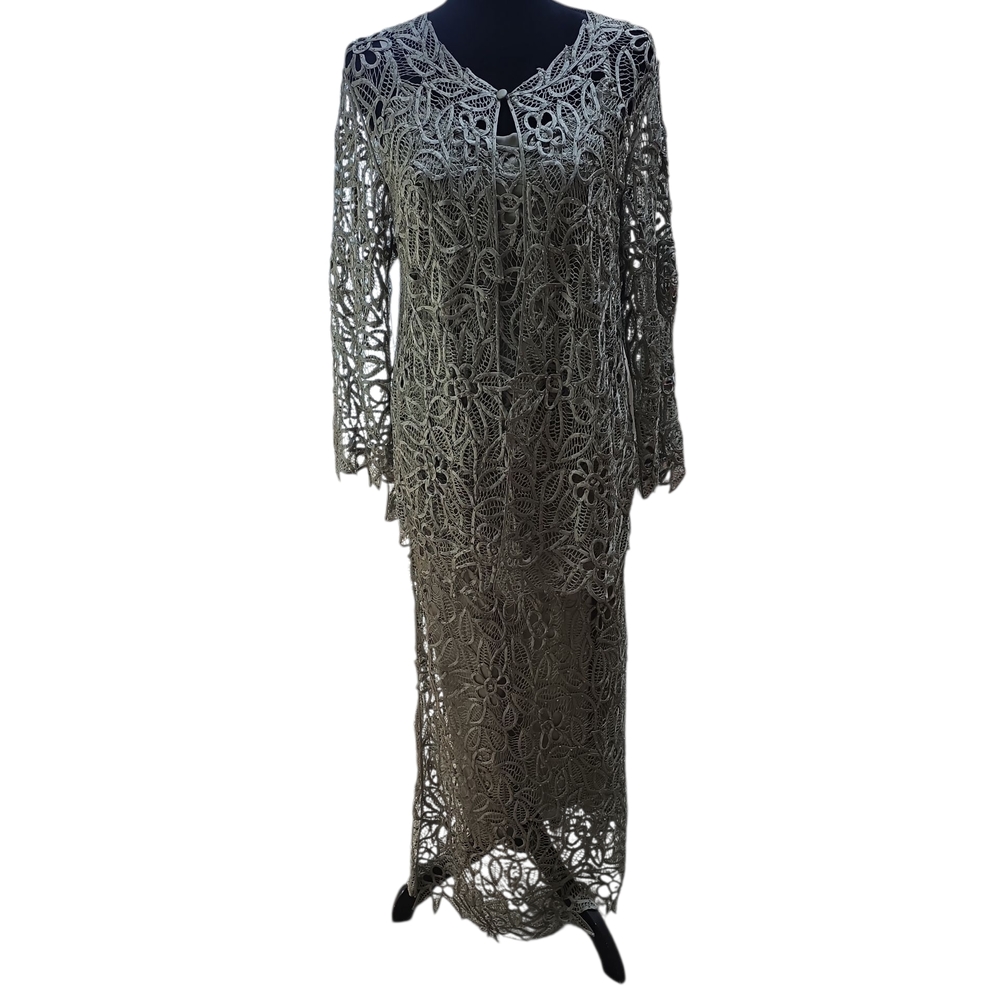 Soulmates Intricate Hand Crocheted 3 Piece Sage Skirt Tank And Cardi Outfit